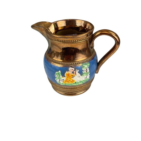 Antique Hand-Painted Copper Lustre Pitcher With Child & Dog Design - Picture 2 of 8